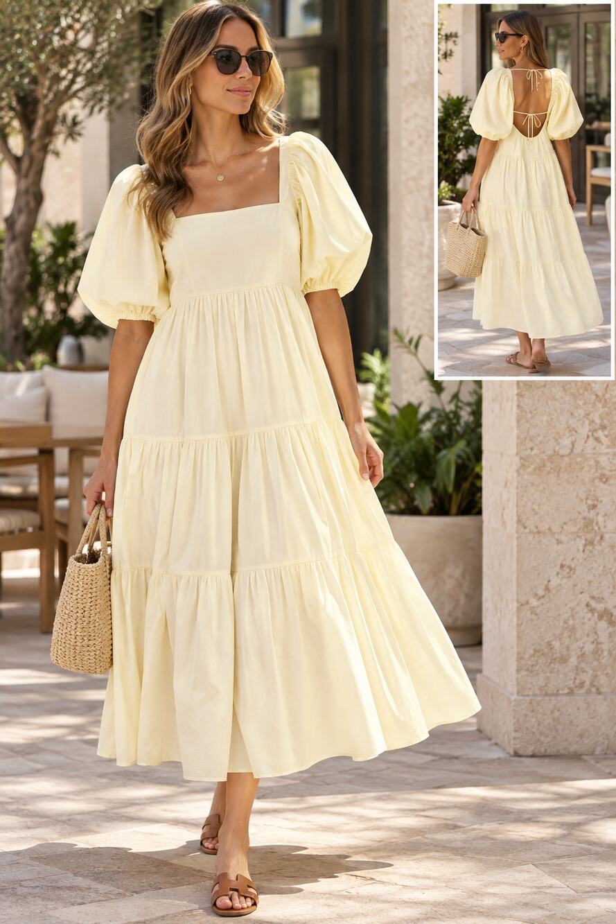 Jonathan Simkhai Butter Yellow Sz XL poplin tiered Puff Sleeve Lou Dress